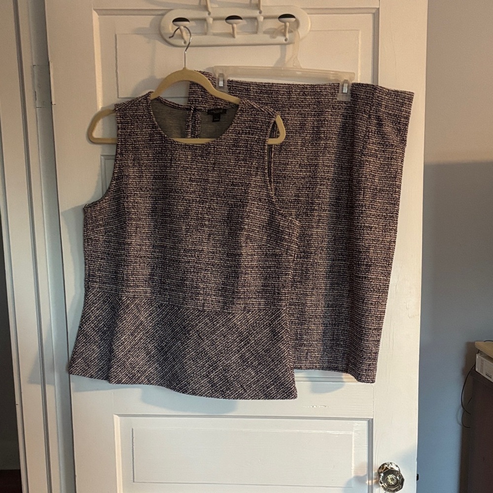 Ann Taylor Black, Purple and White Tweed Sleeveless Peplum Blouse and Skirt Set